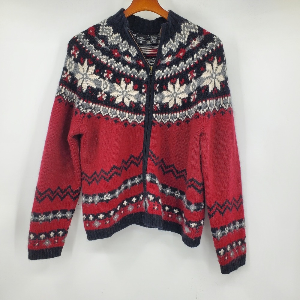 Vintage Nordic Design Lambswool Angora Full Zip Fair Isle Snowflake Sweater Red
